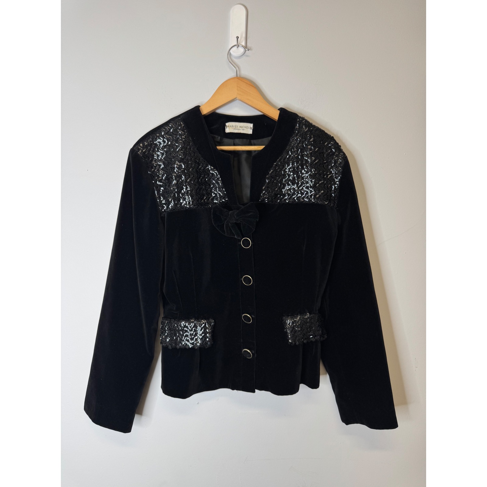 Harvey Nichols Vintage Black Velvet Sequin Evening Jacket Bow Detail Women L — image 2 of 8